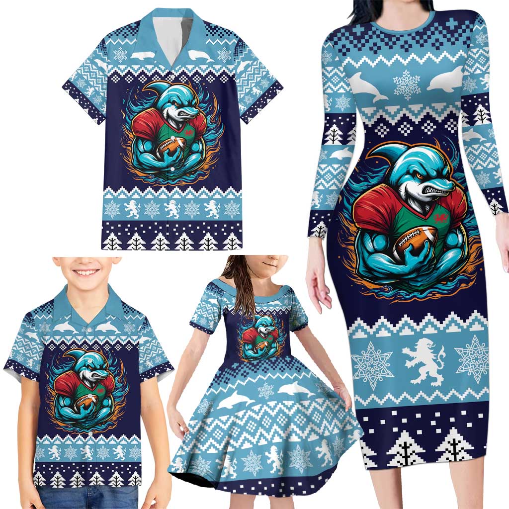 Cardiganshire Wales Christmas Family Matching Long Sleeve Bodycon Dress and Hawaiian Shirt Cardigan Bay Dolphin Rugby Design - Wonder Print Shop