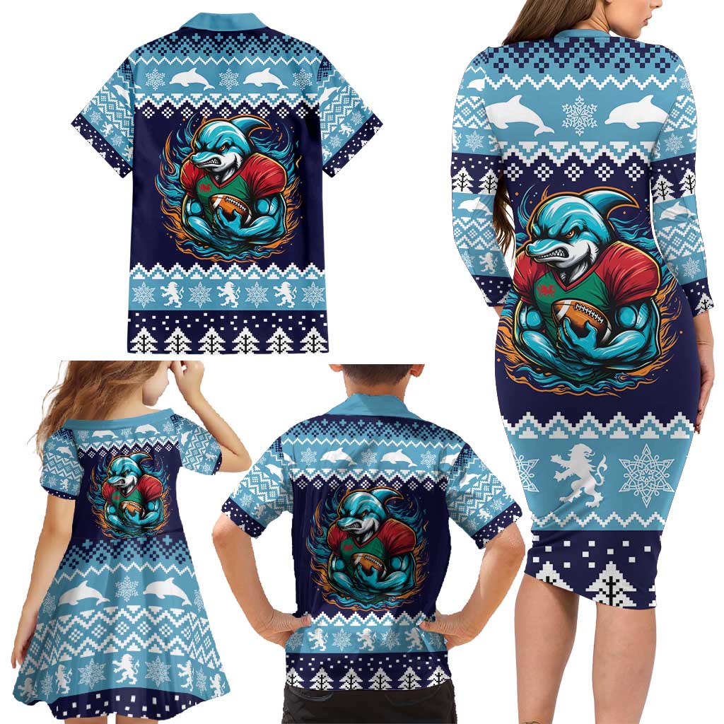 Cardiganshire Wales Christmas Family Matching Long Sleeve Bodycon Dress and Hawaiian Shirt Cardigan Bay Dolphin Rugby Design - Wonder Print Shop