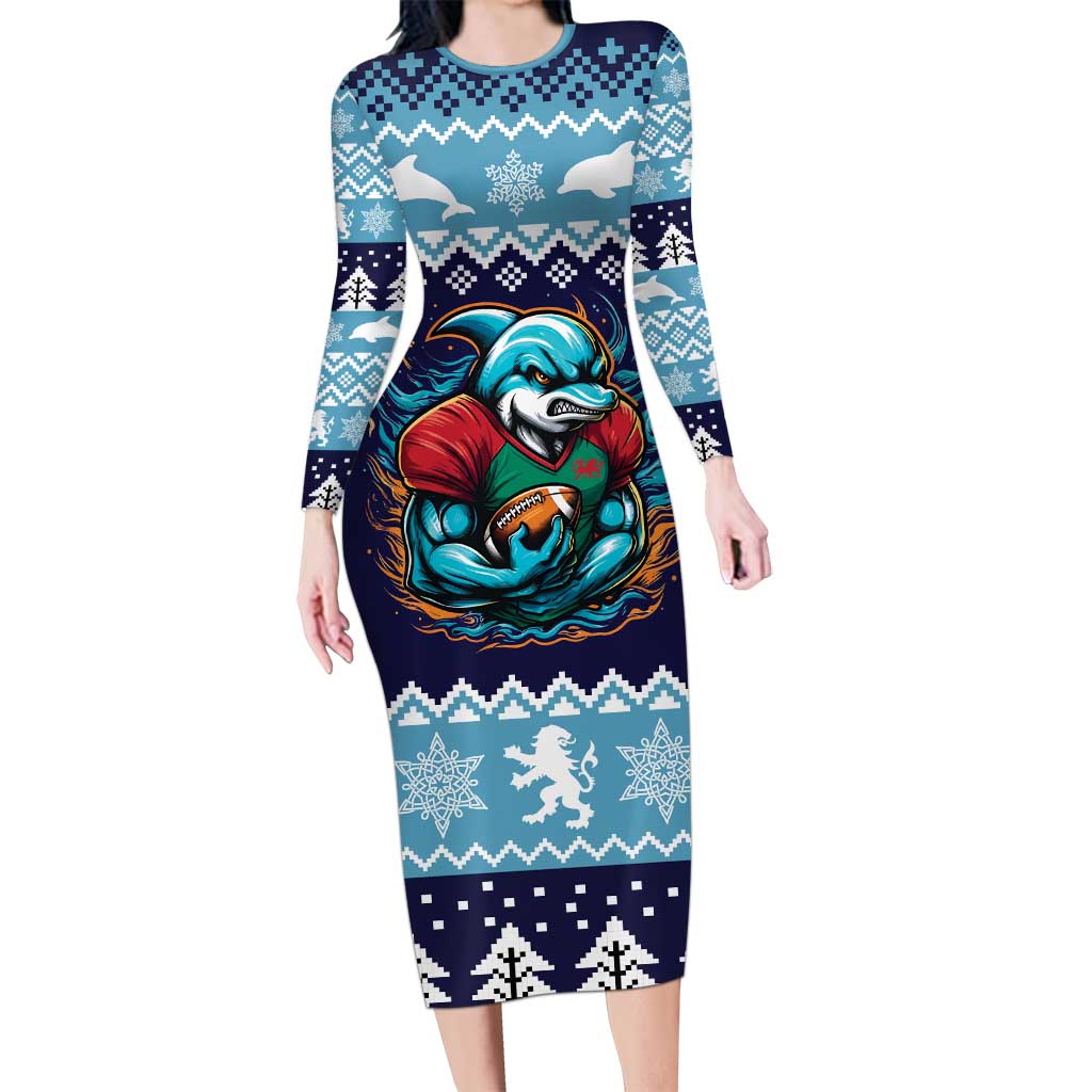Cardiganshire Wales Christmas Family Matching Long Sleeve Bodycon Dress and Hawaiian Shirt Cardigan Bay Dolphin Rugby Design - Wonder Print Shop