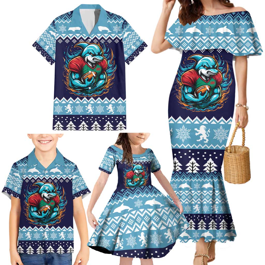 Cardiganshire Wales Christmas Family Matching Mermaid Dress and Hawaiian Shirt Cardigan Bay Dolphin Rugby Design - Wonder Print Shop