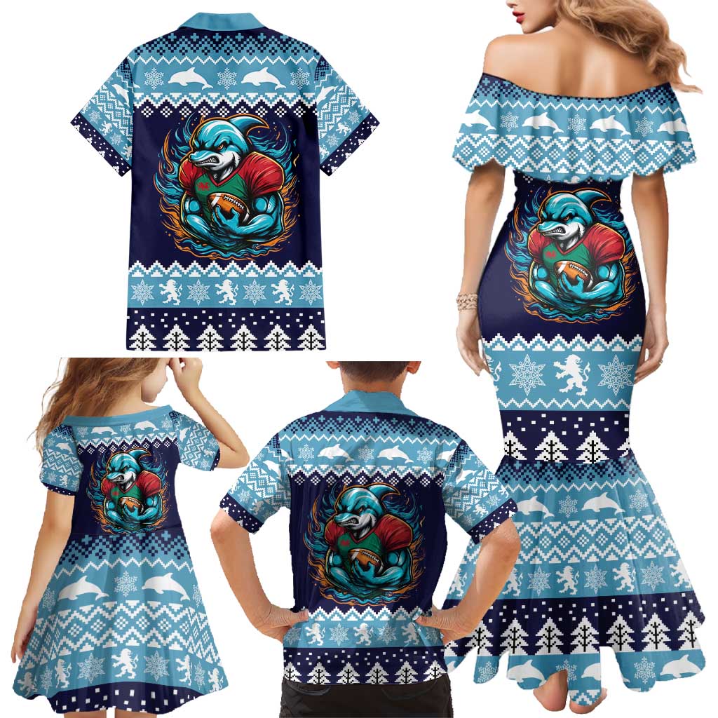 Cardiganshire Wales Christmas Family Matching Mermaid Dress and Hawaiian Shirt Cardigan Bay Dolphin Rugby Design - Wonder Print Shop