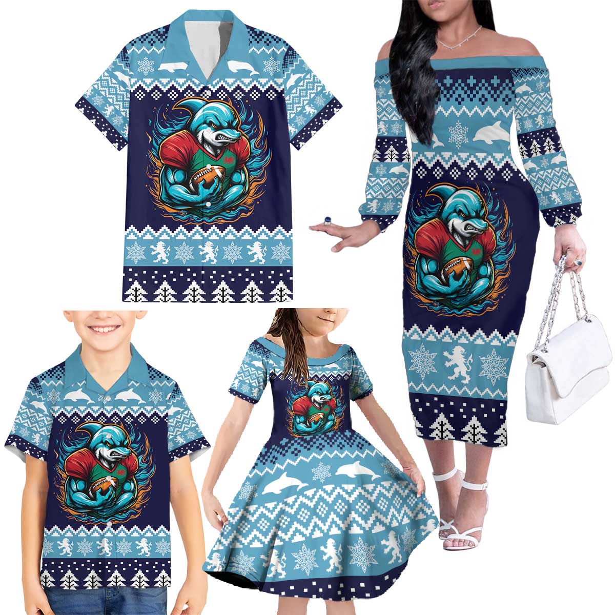 Cardiganshire Wales Christmas Family Matching Off The Shoulder Long Sleeve Dress and Hawaiian Shirt Cardigan Bay Dolphin Rugby Design - Wonder Print Shop