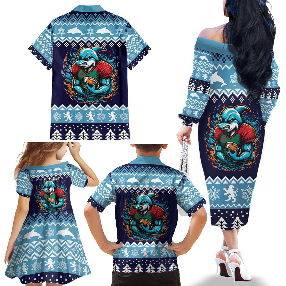 Cardiganshire Wales Christmas Family Matching Off The Shoulder Long Sleeve Dress and Hawaiian Shirt Cardigan Bay Dolphin Rugby Design - Wonder Print Shop