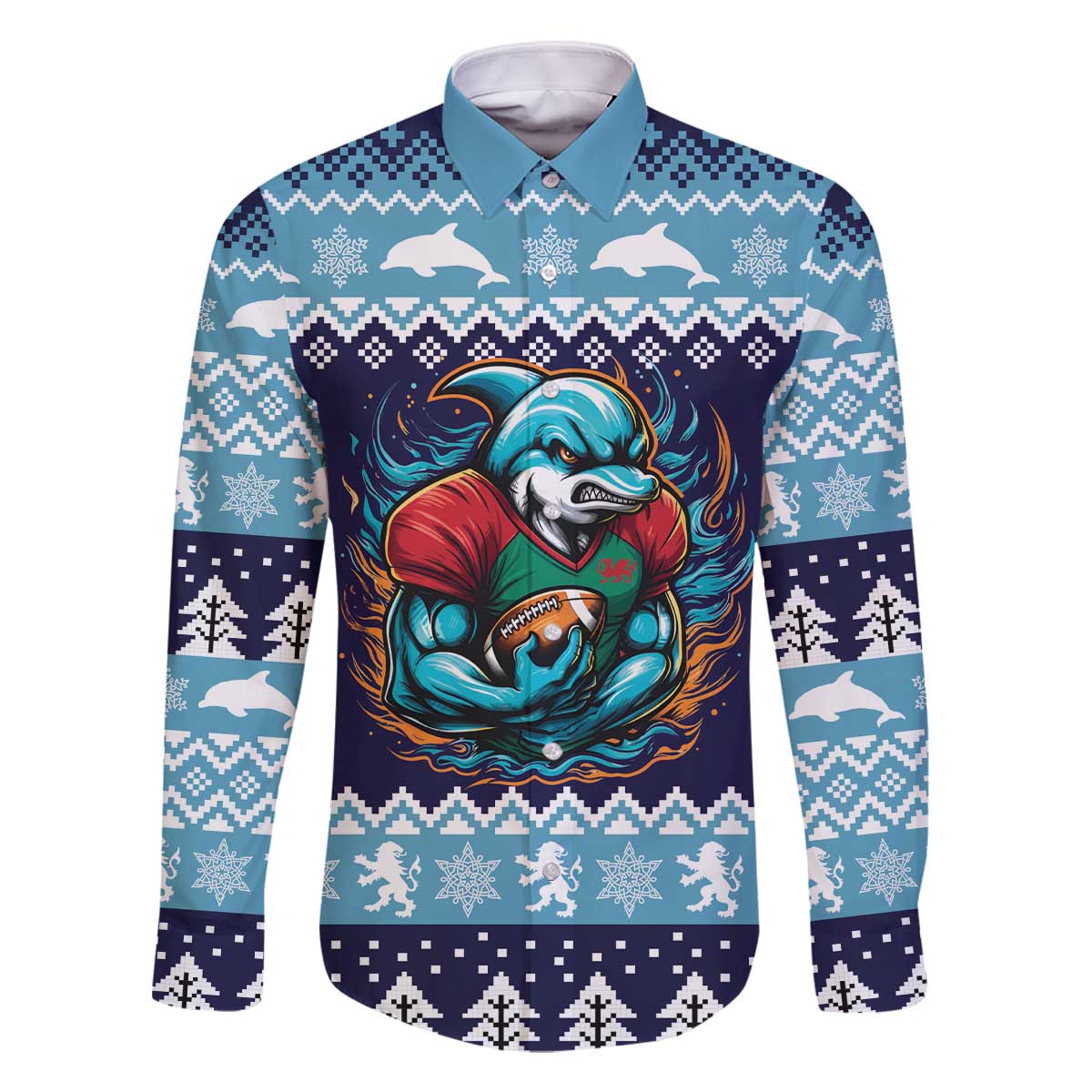 Cardiganshire Wales Christmas Family Matching Off The Shoulder Long Sleeve Dress and Hawaiian Shirt Cardigan Bay Dolphin Rugby Design - Wonder Print Shop