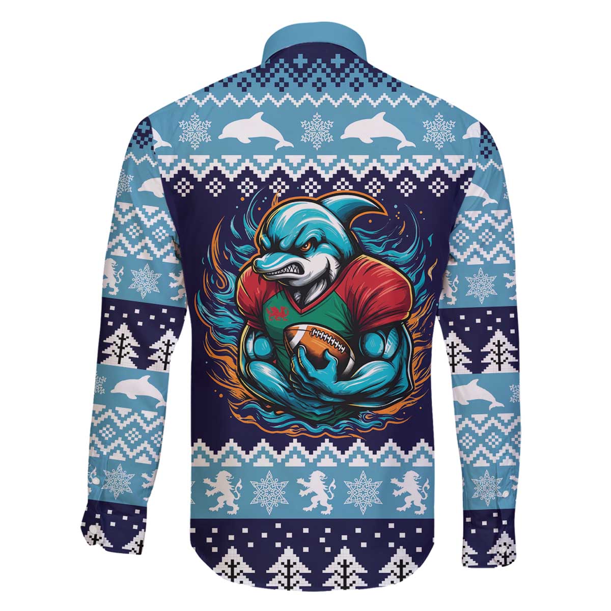 Cardiganshire Wales Christmas Family Matching Off The Shoulder Long Sleeve Dress and Hawaiian Shirt Cardigan Bay Dolphin Rugby Design - Wonder Print Shop
