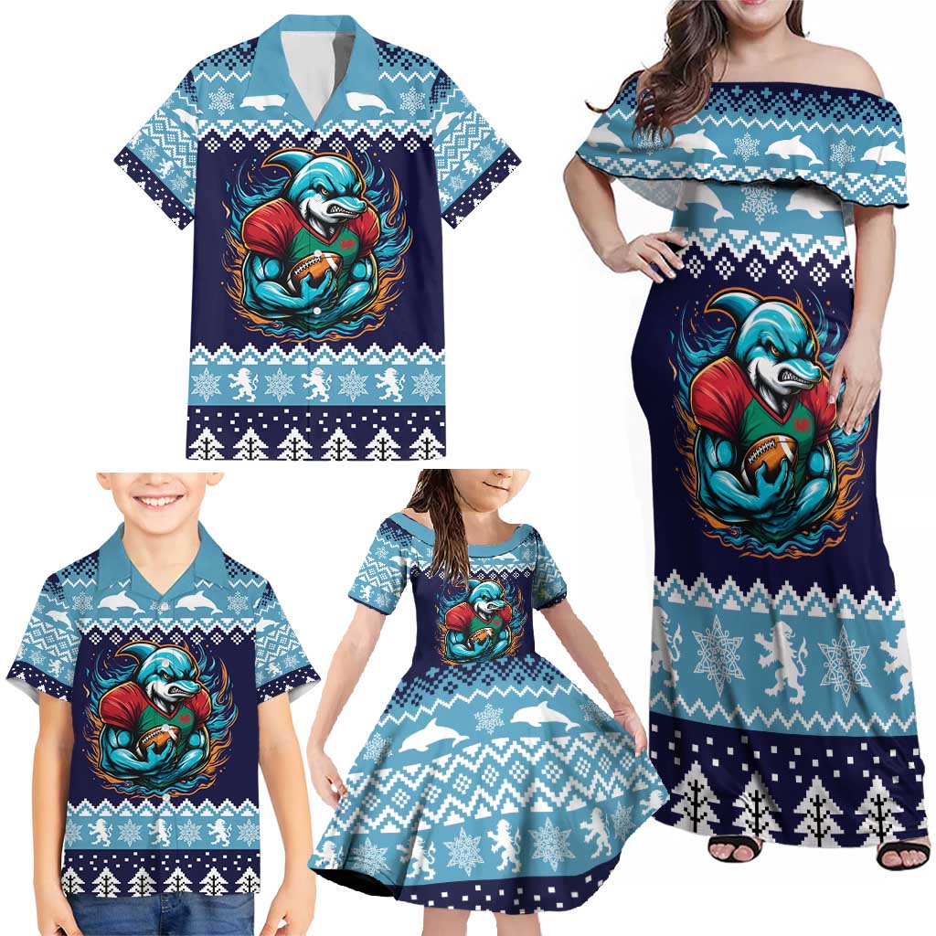 Cardiganshire Wales Christmas Family Matching Off Shoulder Maxi Dress and Hawaiian Shirt Cardigan Bay Dolphin Rugby Design - Wonder Print Shop