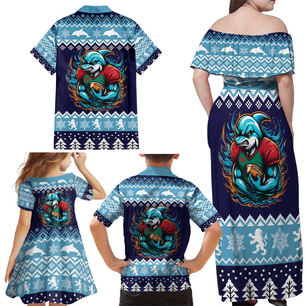 Cardiganshire Wales Christmas Family Matching Off Shoulder Maxi Dress and Hawaiian Shirt Cardigan Bay Dolphin Rugby Design - Wonder Print Shop