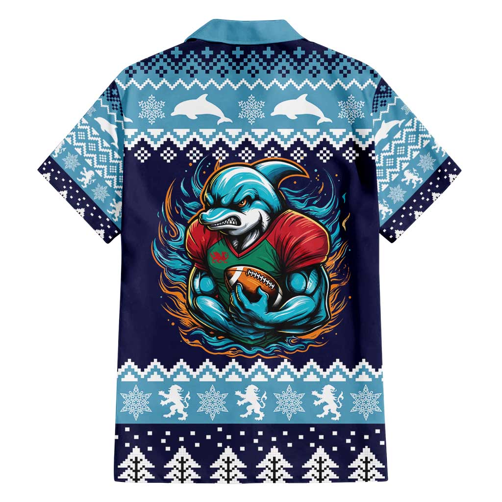 Cardiganshire Wales Christmas Family Matching Off Shoulder Maxi Dress and Hawaiian Shirt Cardigan Bay Dolphin Rugby Design - Wonder Print Shop