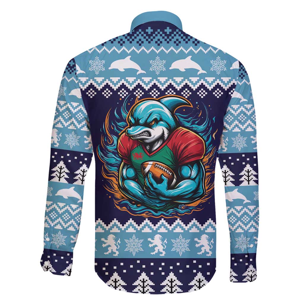 Cardiganshire Wales Christmas Family Matching Off Shoulder Maxi Dress and Hawaiian Shirt Cardigan Bay Dolphin Rugby Design - Wonder Print Shop