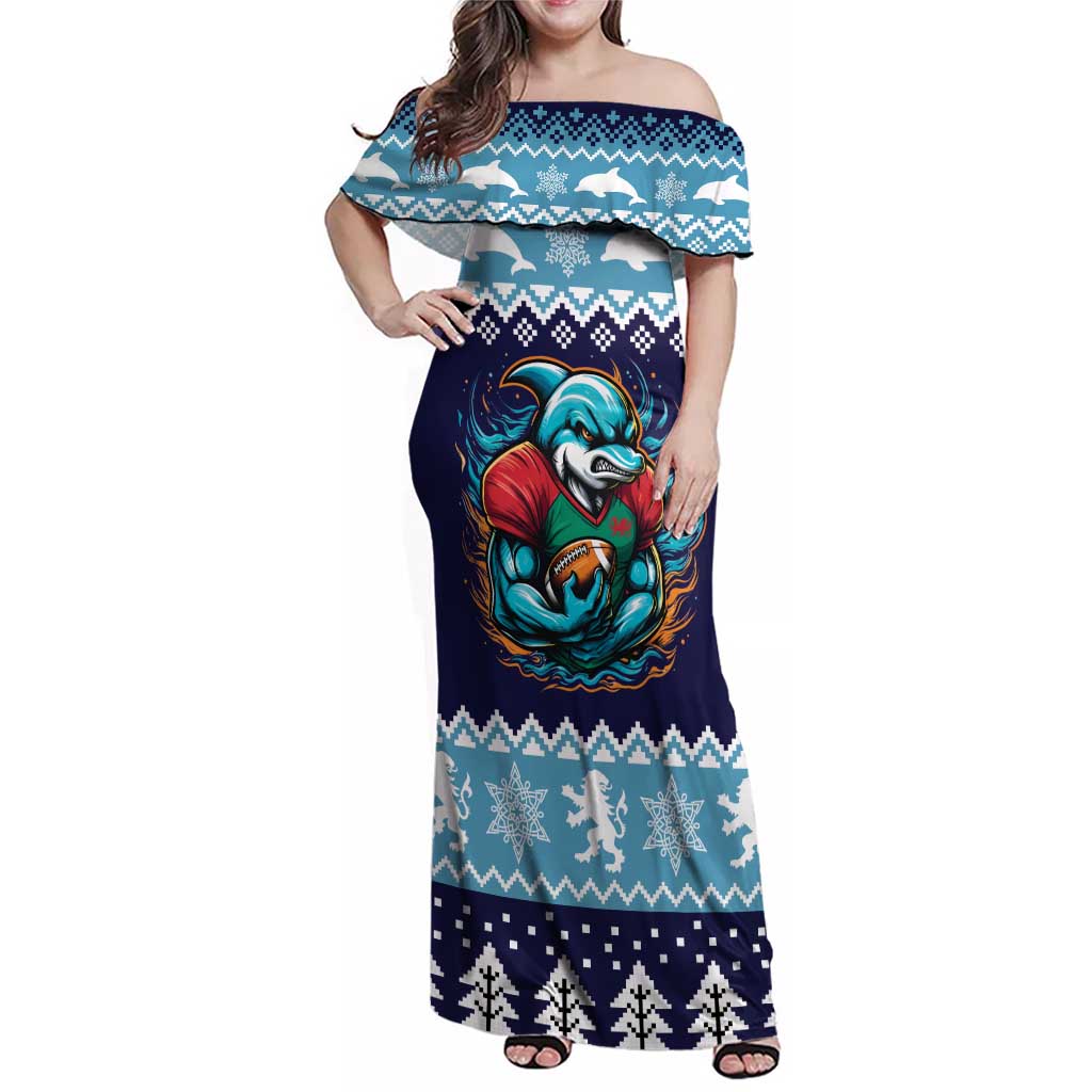 Cardiganshire Wales Christmas Family Matching Off Shoulder Maxi Dress and Hawaiian Shirt Cardigan Bay Dolphin Rugby Design - Wonder Print Shop