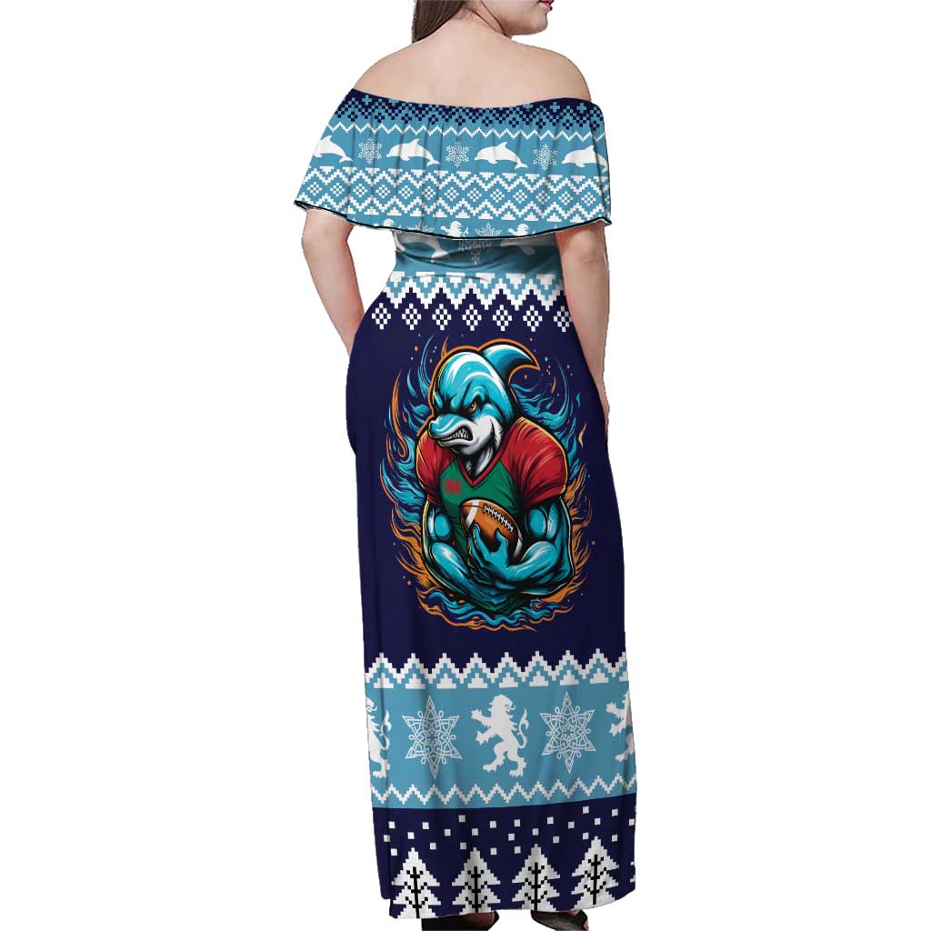 Cardiganshire Wales Christmas Family Matching Off Shoulder Maxi Dress and Hawaiian Shirt Cardigan Bay Dolphin Rugby Design - Wonder Print Shop