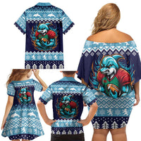 Cardiganshire Wales Christmas Family Matching Off Shoulder Short Dress and Hawaiian Shirt Cardigan Bay Dolphin Rugby Design - Wonder Print Shop