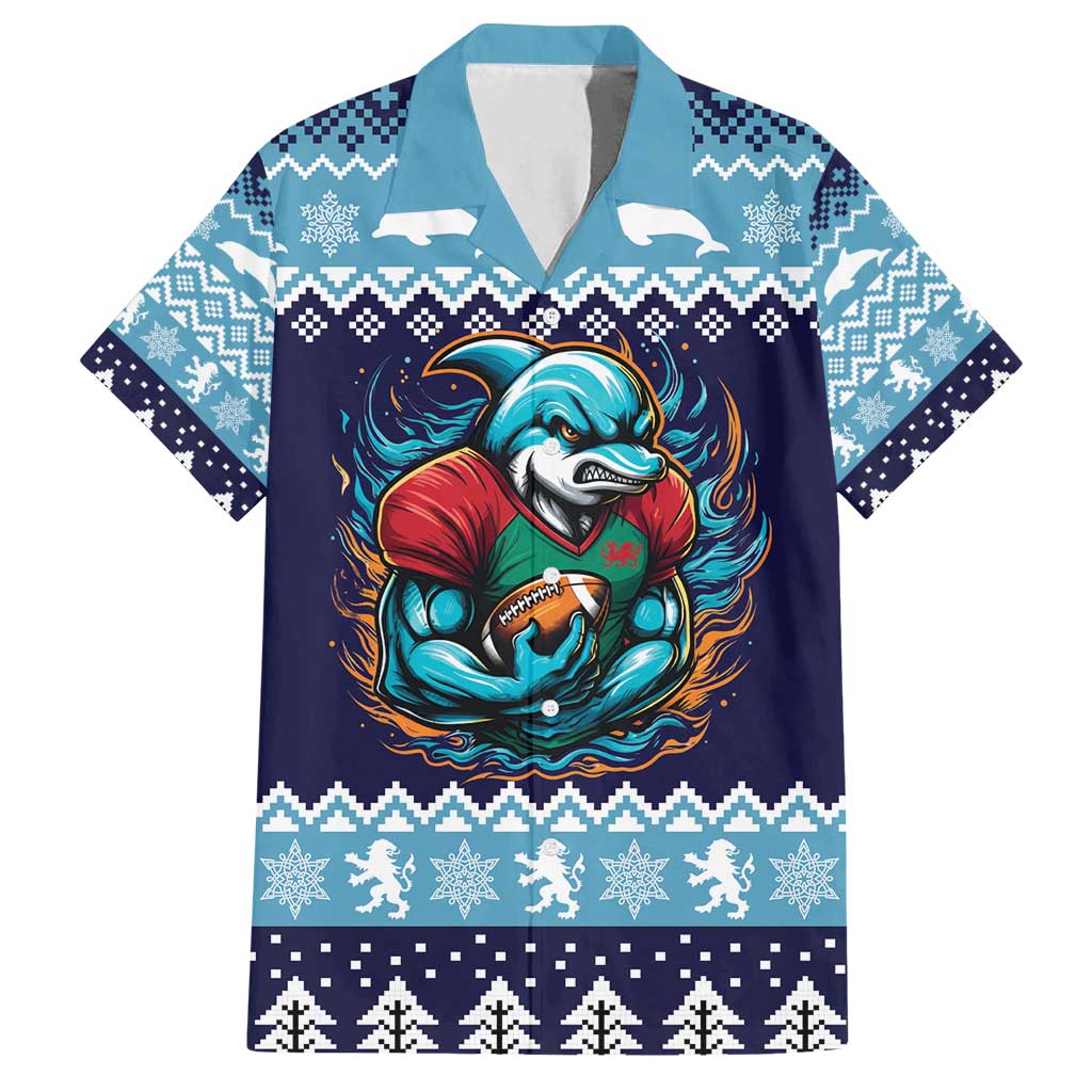 Cardiganshire Wales Christmas Family Matching Off Shoulder Short Dress and Hawaiian Shirt Cardigan Bay Dolphin Rugby Design - Wonder Print Shop