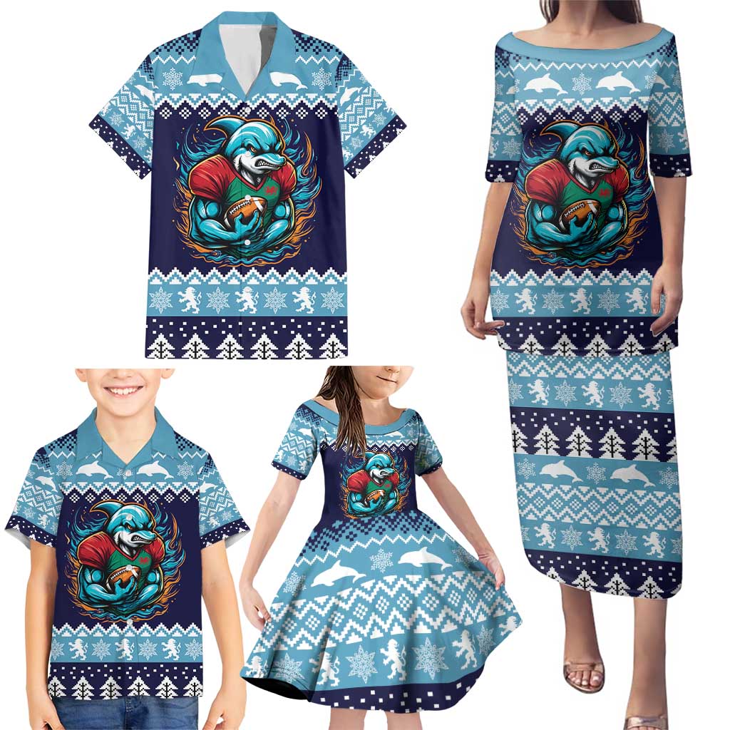 Cardiganshire Wales Christmas Family Matching Puletasi and Hawaiian Shirt Cardigan Bay Dolphin Rugby Design - Wonder Print Shop