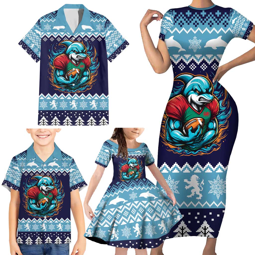 Cardiganshire Wales Christmas Family Matching Short Sleeve Bodycon Dress and Hawaiian Shirt Cardigan Bay Dolphin Rugby Design - Wonder Print Shop