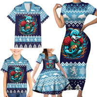 Cardiganshire Wales Christmas Family Matching Short Sleeve Bodycon Dress and Hawaiian Shirt Cardigan Bay Dolphin Rugby Design - Wonder Print Shop
