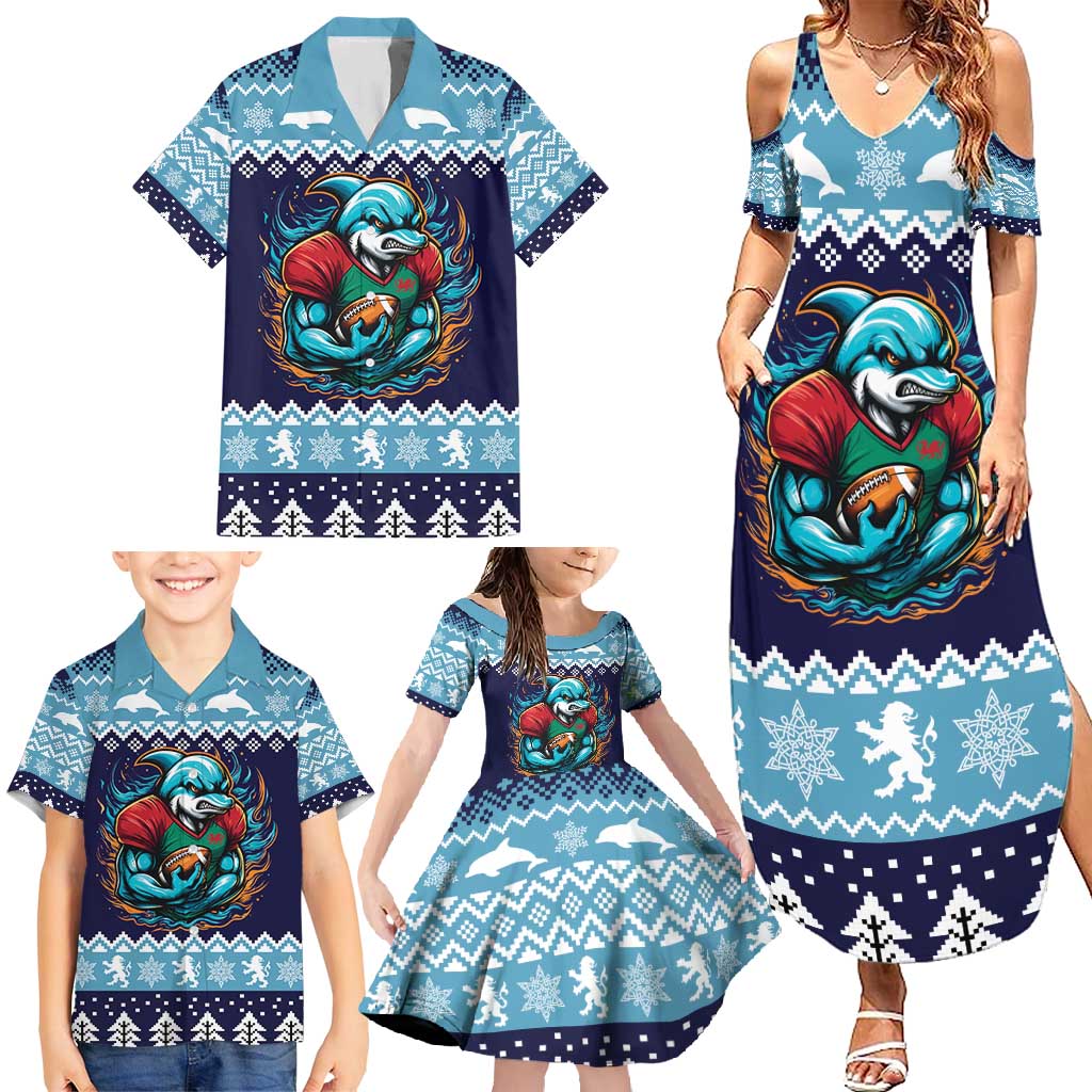 Cardiganshire Wales Christmas Family Matching Summer Maxi Dress and Hawaiian Shirt Cardigan Bay Dolphin Rugby Design - Wonder Print Shop