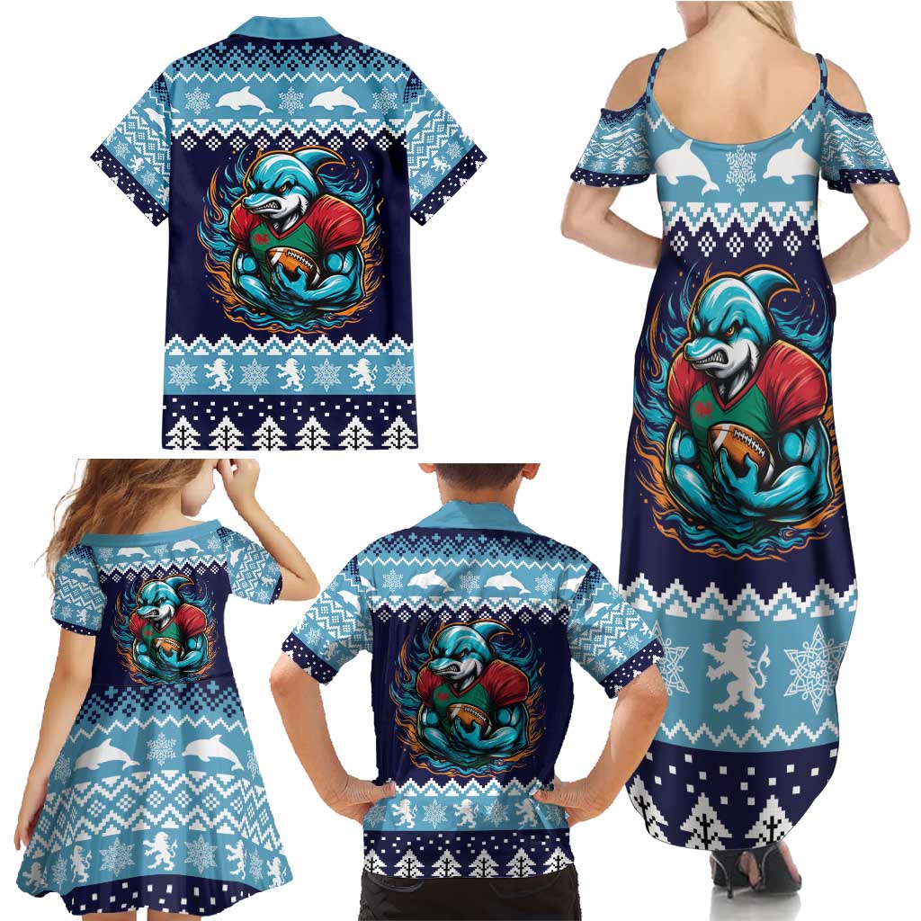Cardiganshire Wales Christmas Family Matching Summer Maxi Dress and Hawaiian Shirt Cardigan Bay Dolphin Rugby Design - Wonder Print Shop