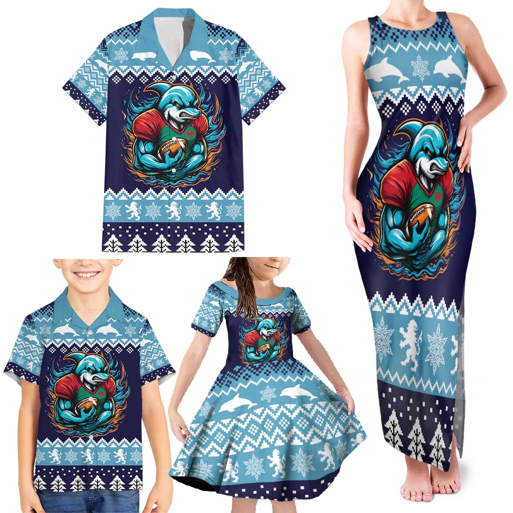 Cardiganshire Wales Christmas Family Matching Tank Maxi Dress and Hawaiian Shirt Cardigan Bay Dolphin Rugby Design - Wonder Print Shop