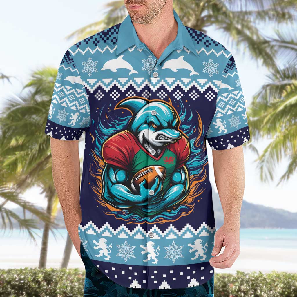 Cardiganshire Wales Christmas Hawaiian Shirt Cardigan Bay Dolphin Rugby Design - Wonder Print Shop