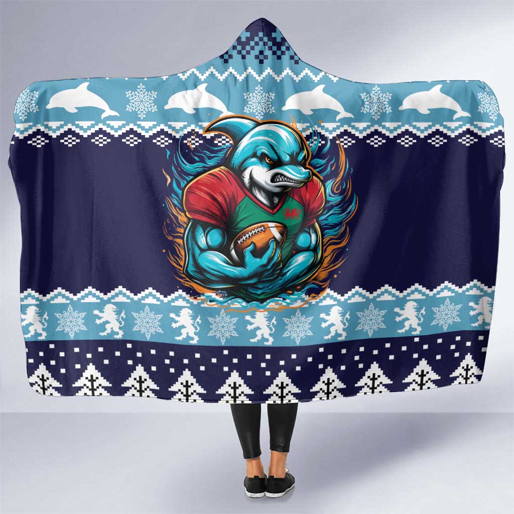 Cardiganshire Wales Christmas Hooded Blanket Cardigan Bay Dolphin Rugby Design - Wonder Print Shop