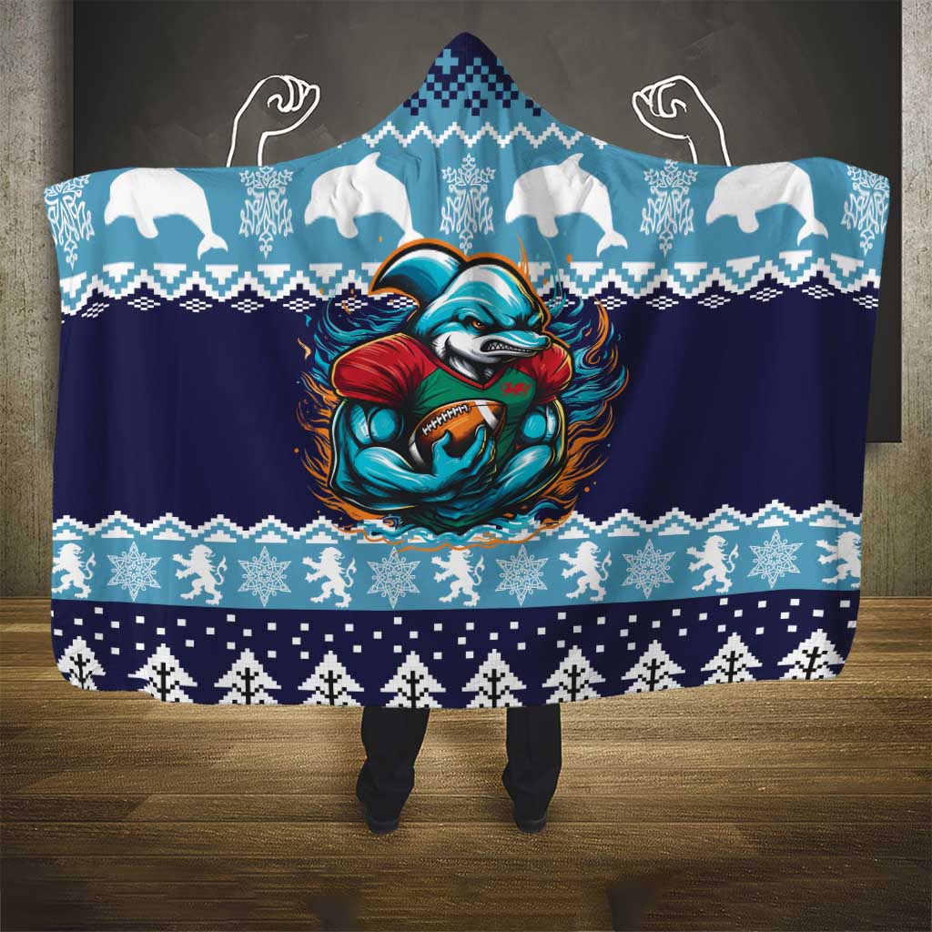 Cardiganshire Wales Christmas Hooded Blanket Cardigan Bay Dolphin Rugby Design - Wonder Print Shop