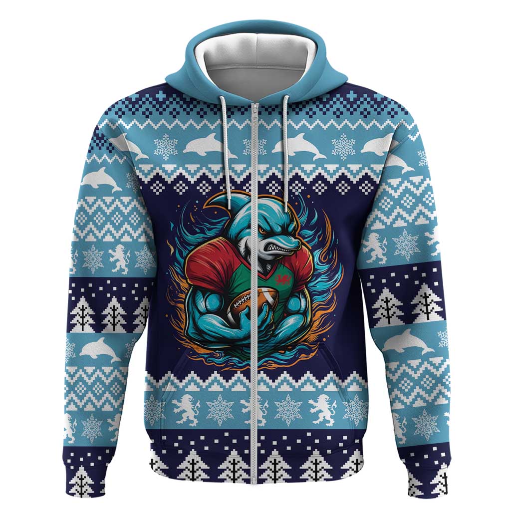 Cardiganshire Wales Christmas Hoodie Cardigan Bay Dolphin Rugby Design - Wonder Print Shop