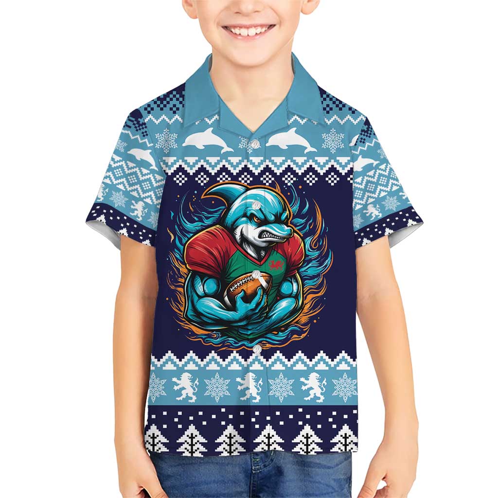 Cardiganshire Wales Christmas Kid Hawaiian Shirt Cardigan Bay Dolphin Rugby Design - Wonder Print Shop