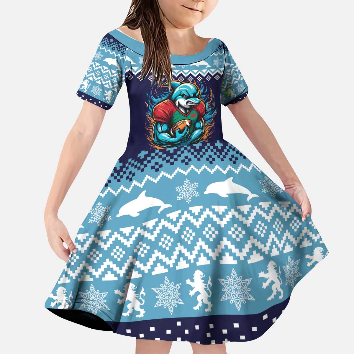 Cardiganshire Wales Christmas Kid Short Sleeve Dress Cardigan Bay Dolphin Rugby Design - Wonder Print Shop