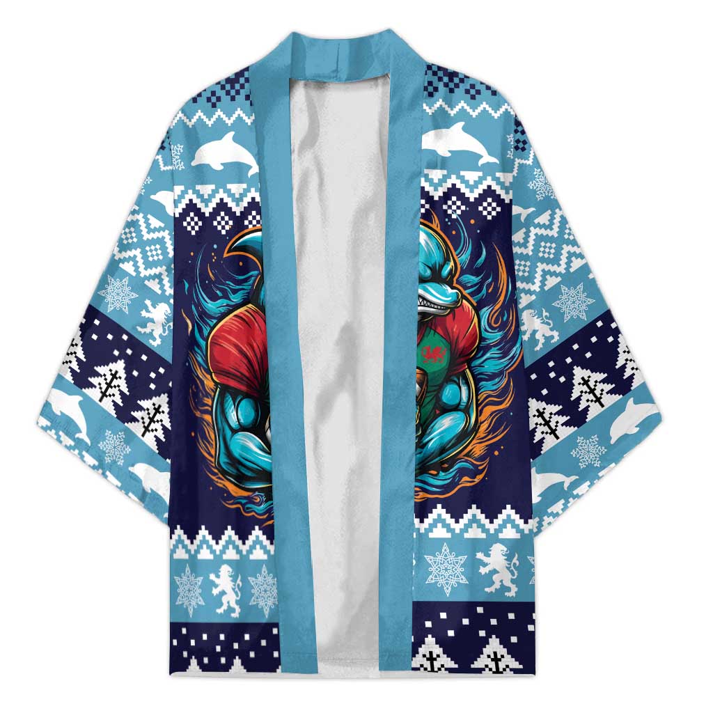 Cardiganshire Wales Christmas Kimono Cardigan Bay Dolphin Rugby Design - Wonder Print Shop