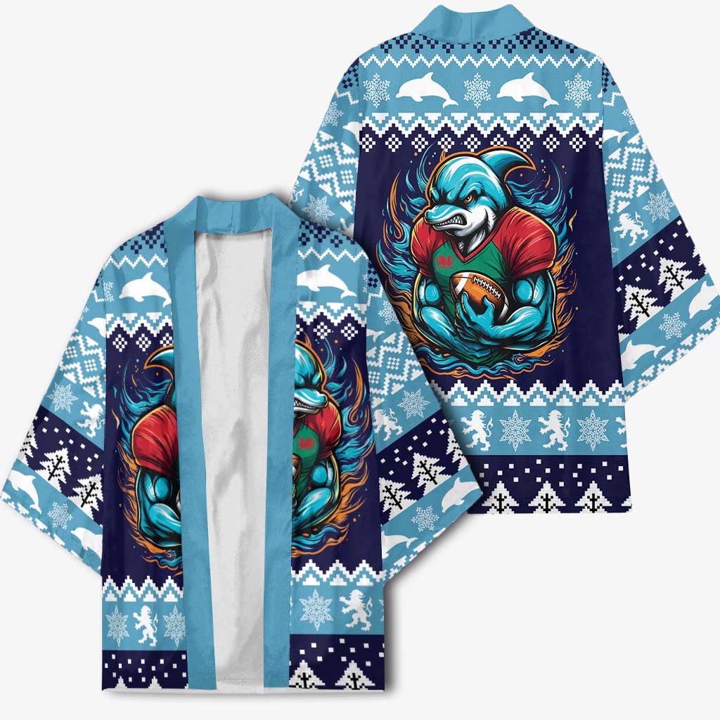 Cardiganshire Wales Christmas Kimono Cardigan Bay Dolphin Rugby Design - Wonder Print Shop