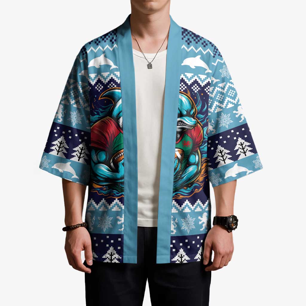 Cardiganshire Wales Christmas Kimono Cardigan Bay Dolphin Rugby Design - Wonder Print Shop