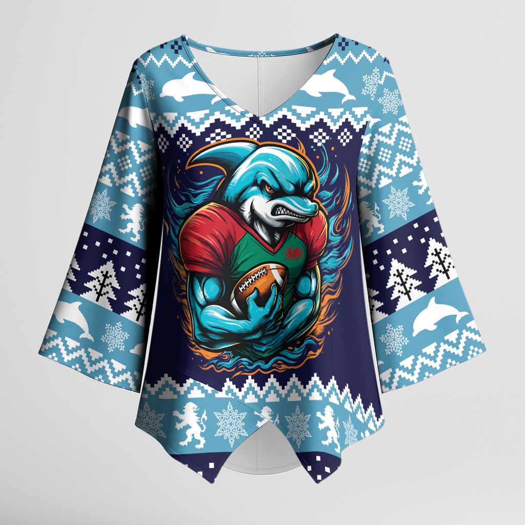 Cardiganshire Wales Christmas Kimono Sleeve Blouse Cardigan Bay Dolphin Rugby Design - Wonder Print Shop