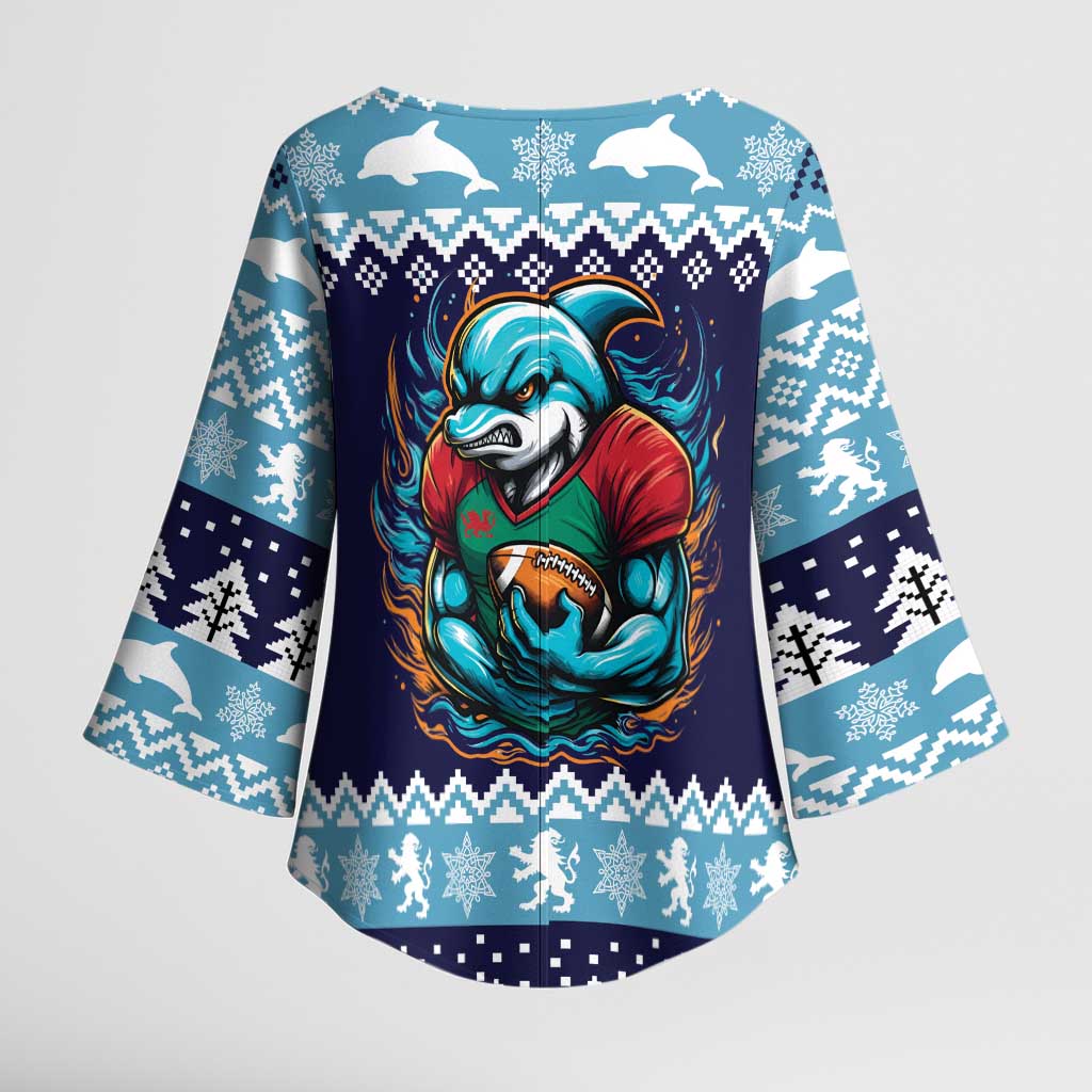 Cardiganshire Wales Christmas Kimono Sleeve Blouse Cardigan Bay Dolphin Rugby Design - Wonder Print Shop