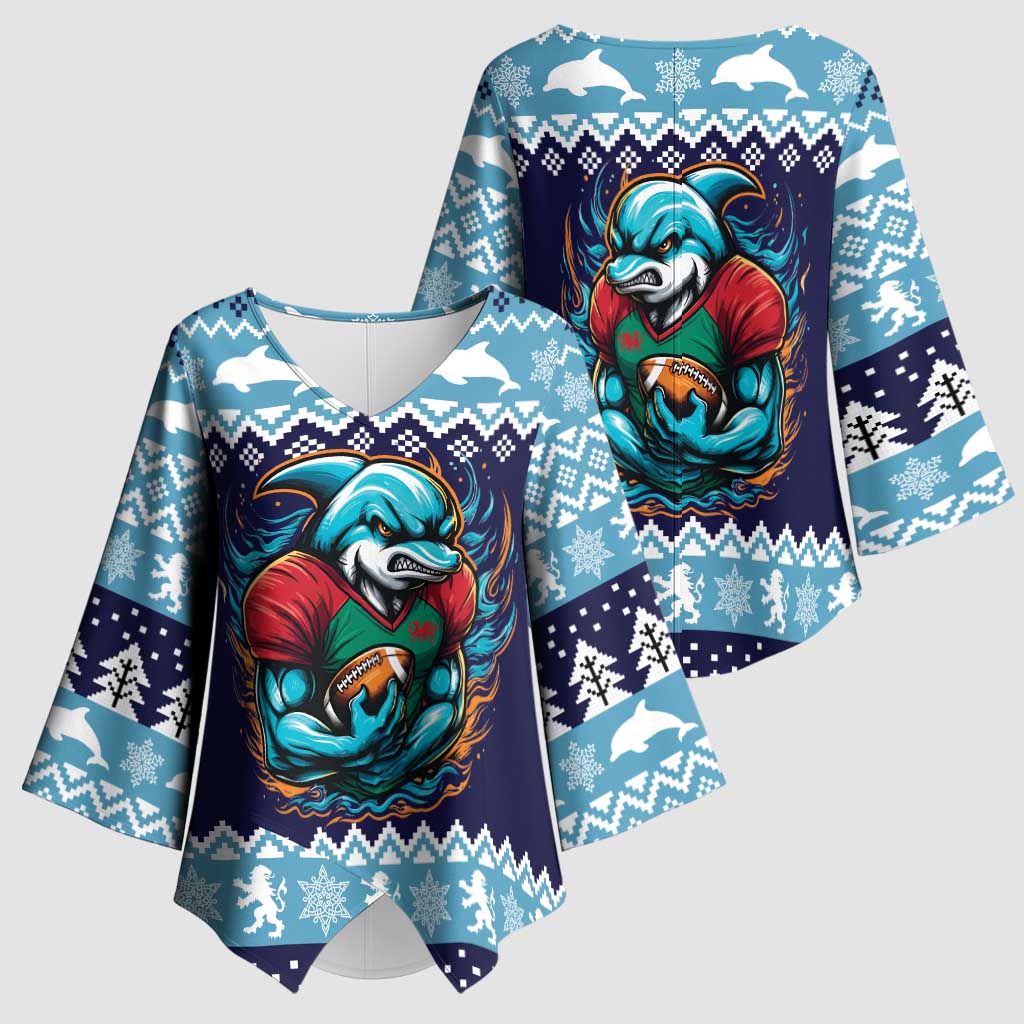 Cardiganshire Wales Christmas Kimono Sleeve Blouse Cardigan Bay Dolphin Rugby Design - Wonder Print Shop