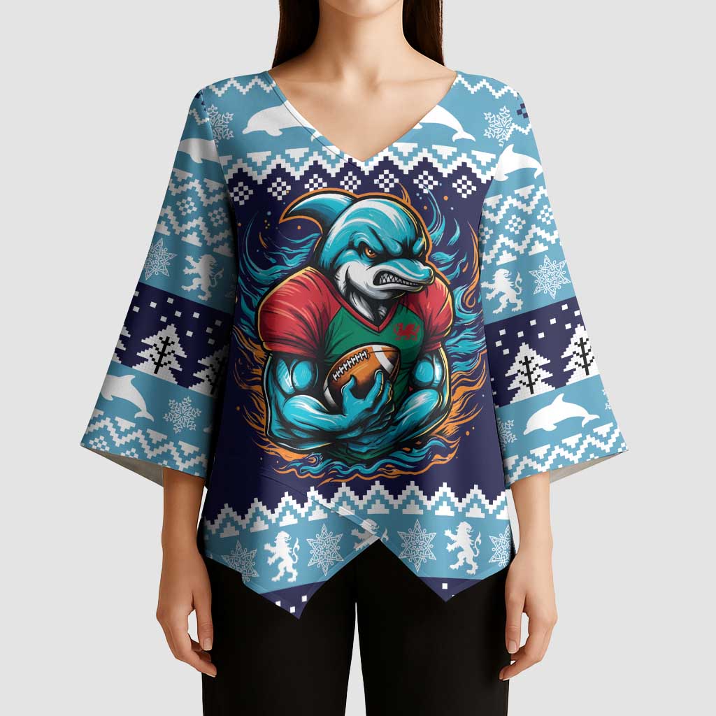 Cardiganshire Wales Christmas Kimono Sleeve Blouse Cardigan Bay Dolphin Rugby Design - Wonder Print Shop