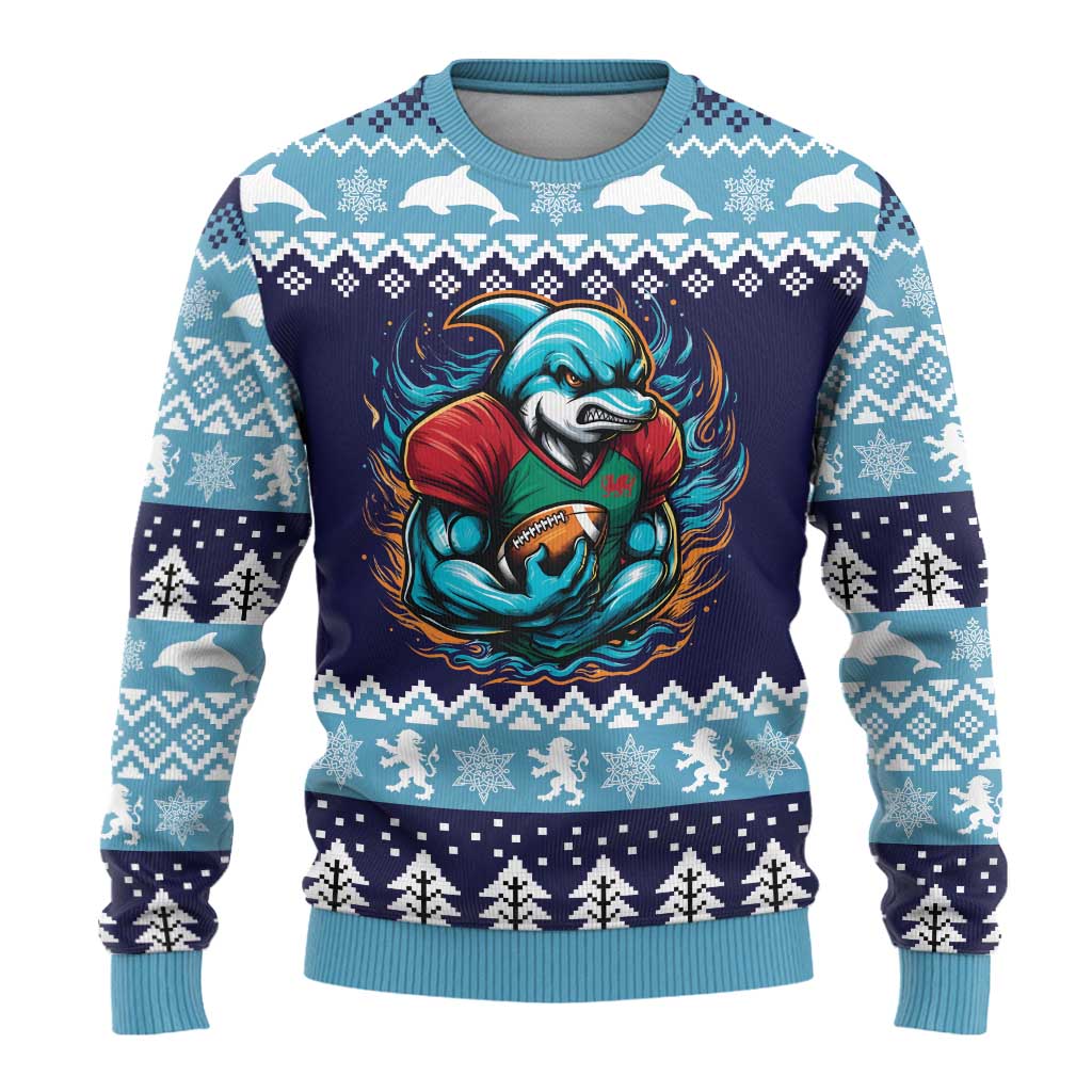 Cardiganshire Wales Christmas Ugly Christmas Sweater Cardigan Bay Dolphin Rugby Design - Wonder Print Shop
