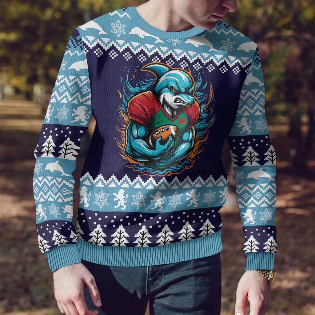 Cardiganshire Wales Christmas Ugly Christmas Sweater Cardigan Bay Dolphin Rugby Design - Wonder Print Shop