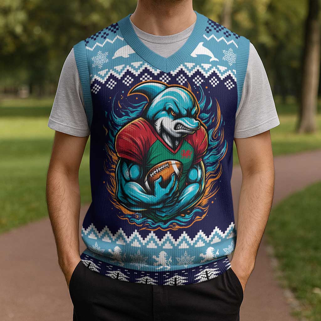Cardiganshire Wales Christmas Knitted V-Neck Vest Cardigan Bay Dolphin Rugby Design - Wonder Print Shop