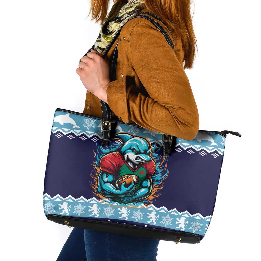 Cardiganshire Wales Christmas Leather Tote Bag Cardigan Bay Dolphin Rugby Design - Wonder Print Shop