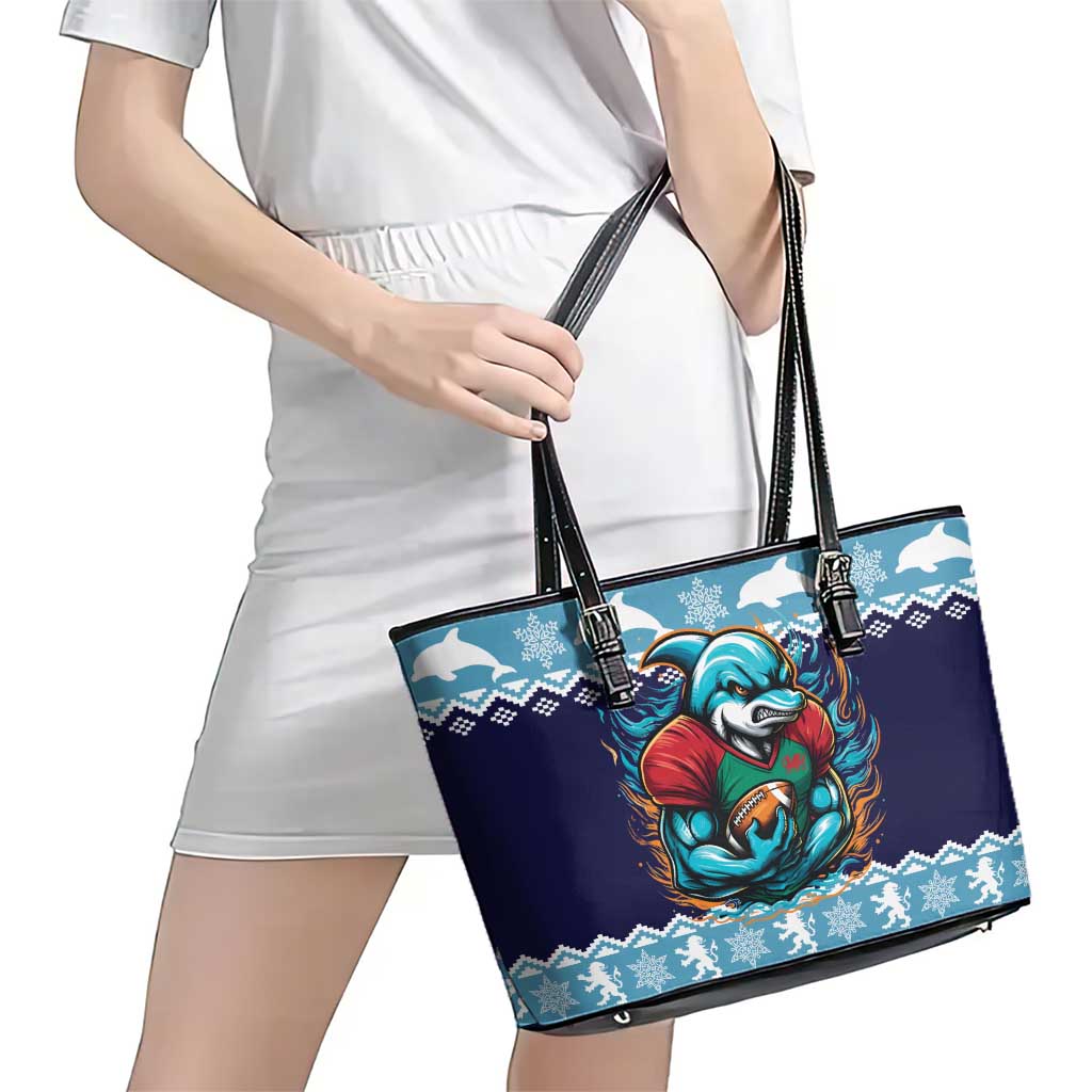 Cardiganshire Wales Christmas Leather Tote Bag Cardigan Bay Dolphin Rugby Design - Wonder Print Shop