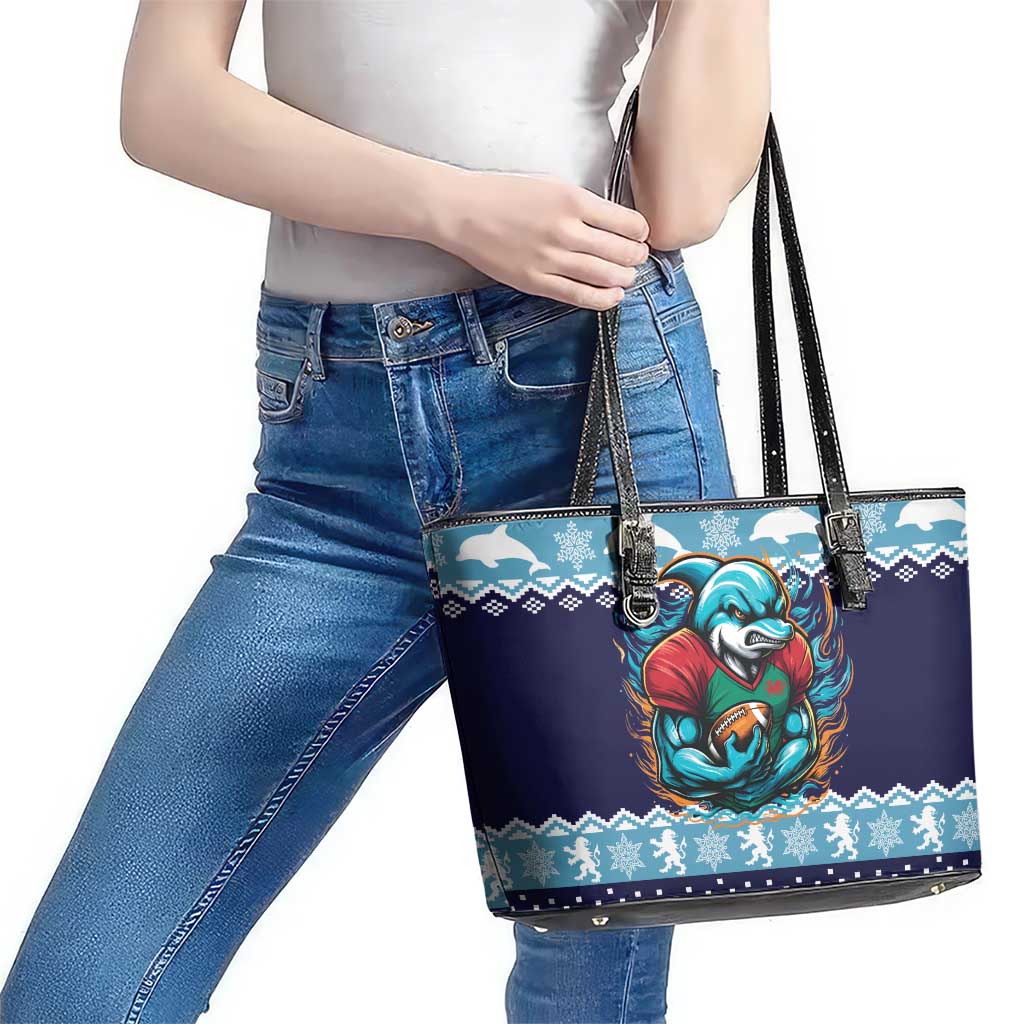 Cardiganshire Wales Christmas Leather Tote Bag Cardigan Bay Dolphin Rugby Design - Wonder Print Shop