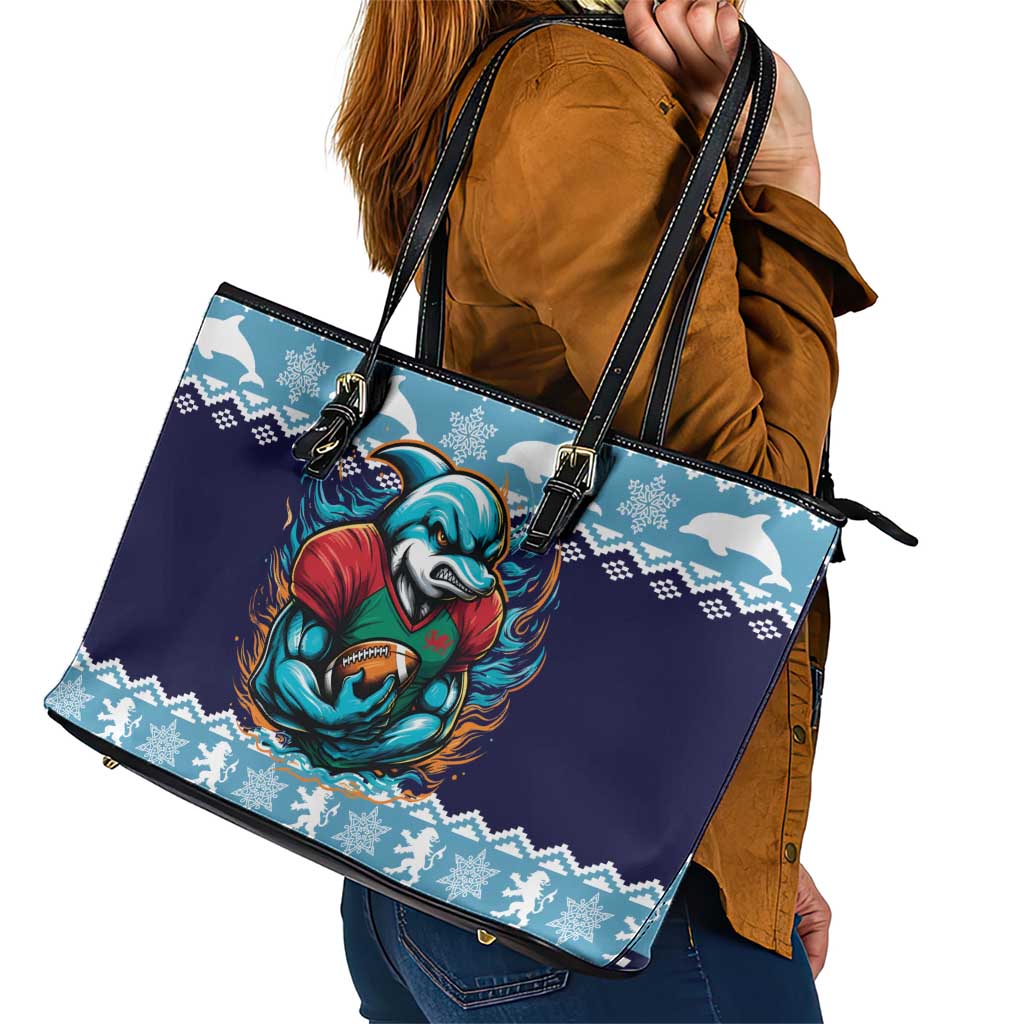 Cardiganshire Wales Christmas Leather Tote Bag Cardigan Bay Dolphin Rugby Design - Wonder Print Shop