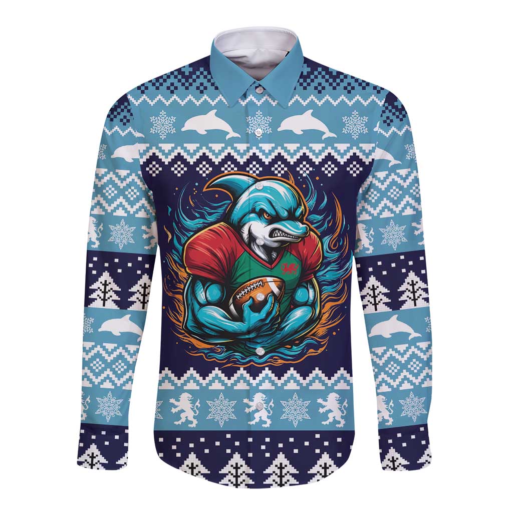 Cardiganshire Wales Christmas Long Sleeve Button Shirt Cardigan Bay Dolphin Rugby Design - Wonder Print Shop