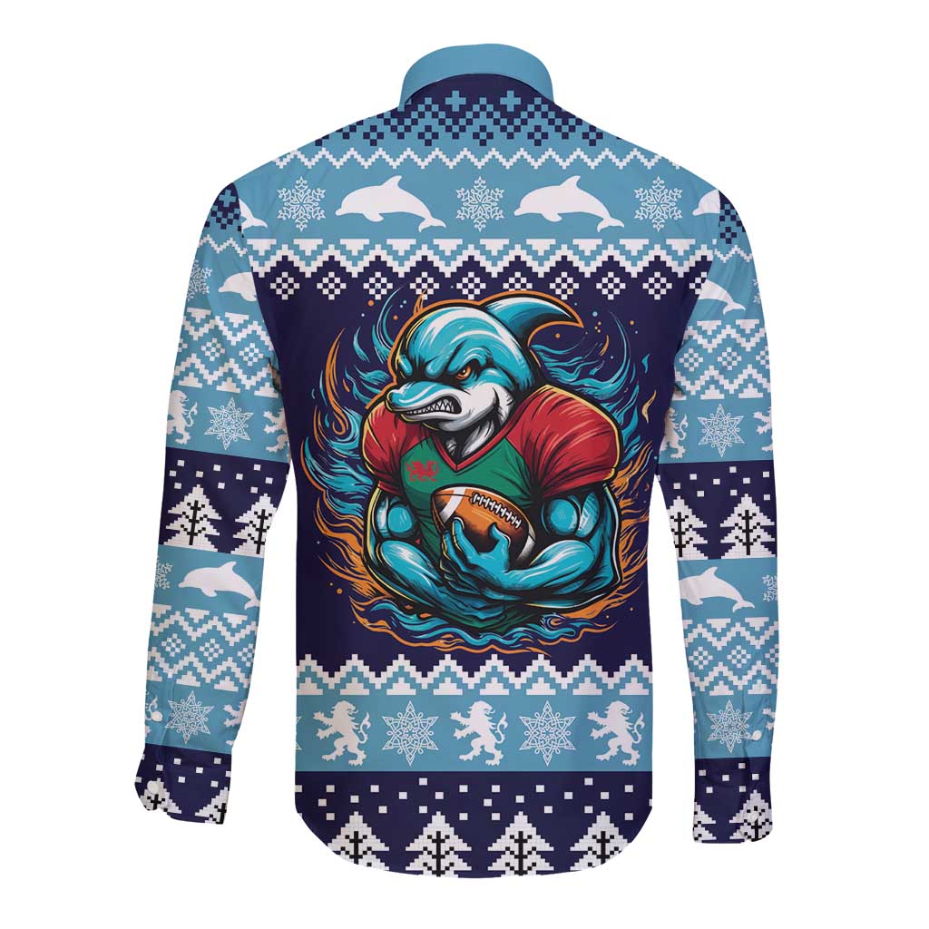 Cardiganshire Wales Christmas Long Sleeve Button Shirt Cardigan Bay Dolphin Rugby Design - Wonder Print Shop