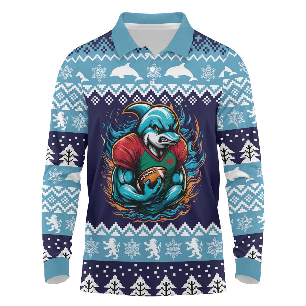 Cardiganshire Wales Christmas Long Sleeve Polo Shirt Cardigan Bay Dolphin Rugby Design - Wonder Print Shop
