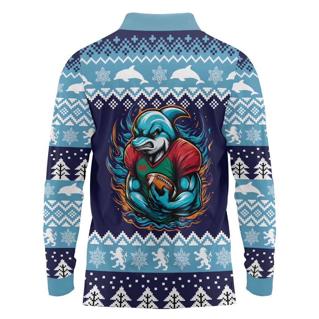 Cardiganshire Wales Christmas Long Sleeve Polo Shirt Cardigan Bay Dolphin Rugby Design - Wonder Print Shop