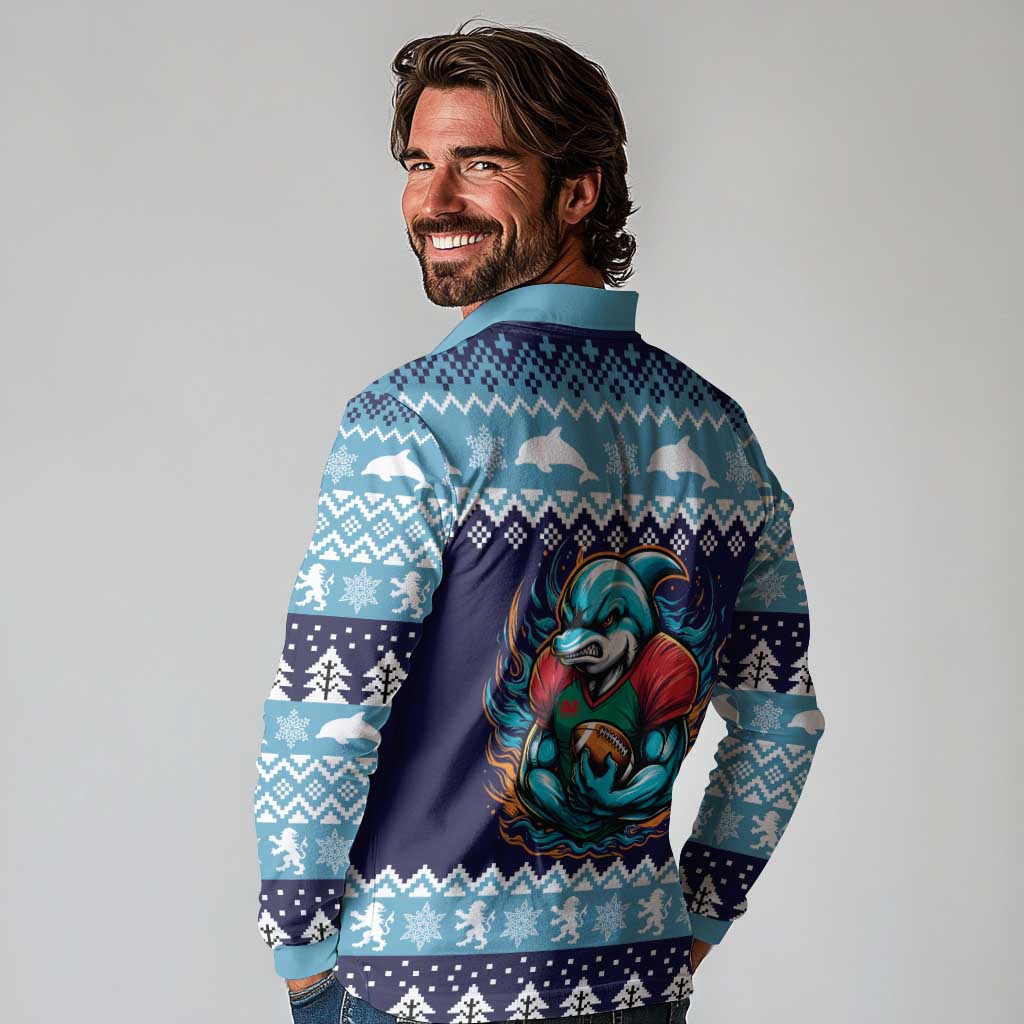 Cardiganshire Wales Christmas Long Sleeve Polo Shirt Cardigan Bay Dolphin Rugby Design - Wonder Print Shop