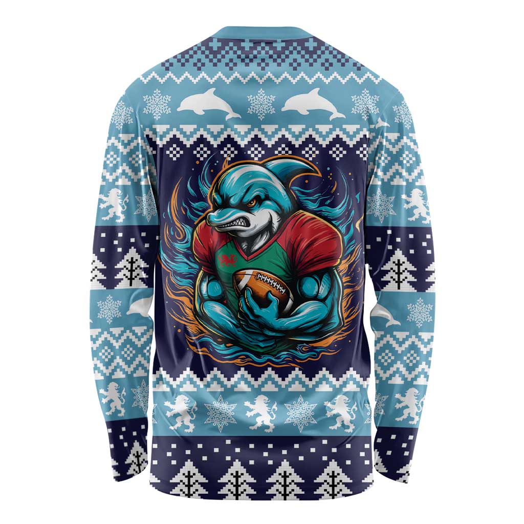 Cardiganshire Wales Christmas Long Sleeve Shirt Cardigan Bay Dolphin Rugby Design - Wonder Print Shop