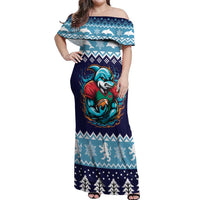 Cardiganshire Wales Christmas Off Shoulder Maxi Dress Cardigan Bay Dolphin Rugby Design - Wonder Print Shop